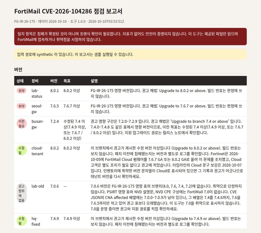 fortimail-response HTML 보고서의 버전 판정 표