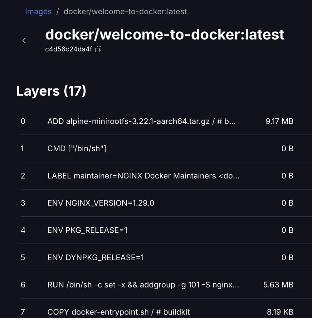 Docker Desktop 이미지 레이어 화면