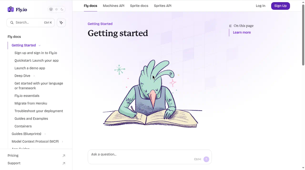 Fly.io Getting Started 문서 화면