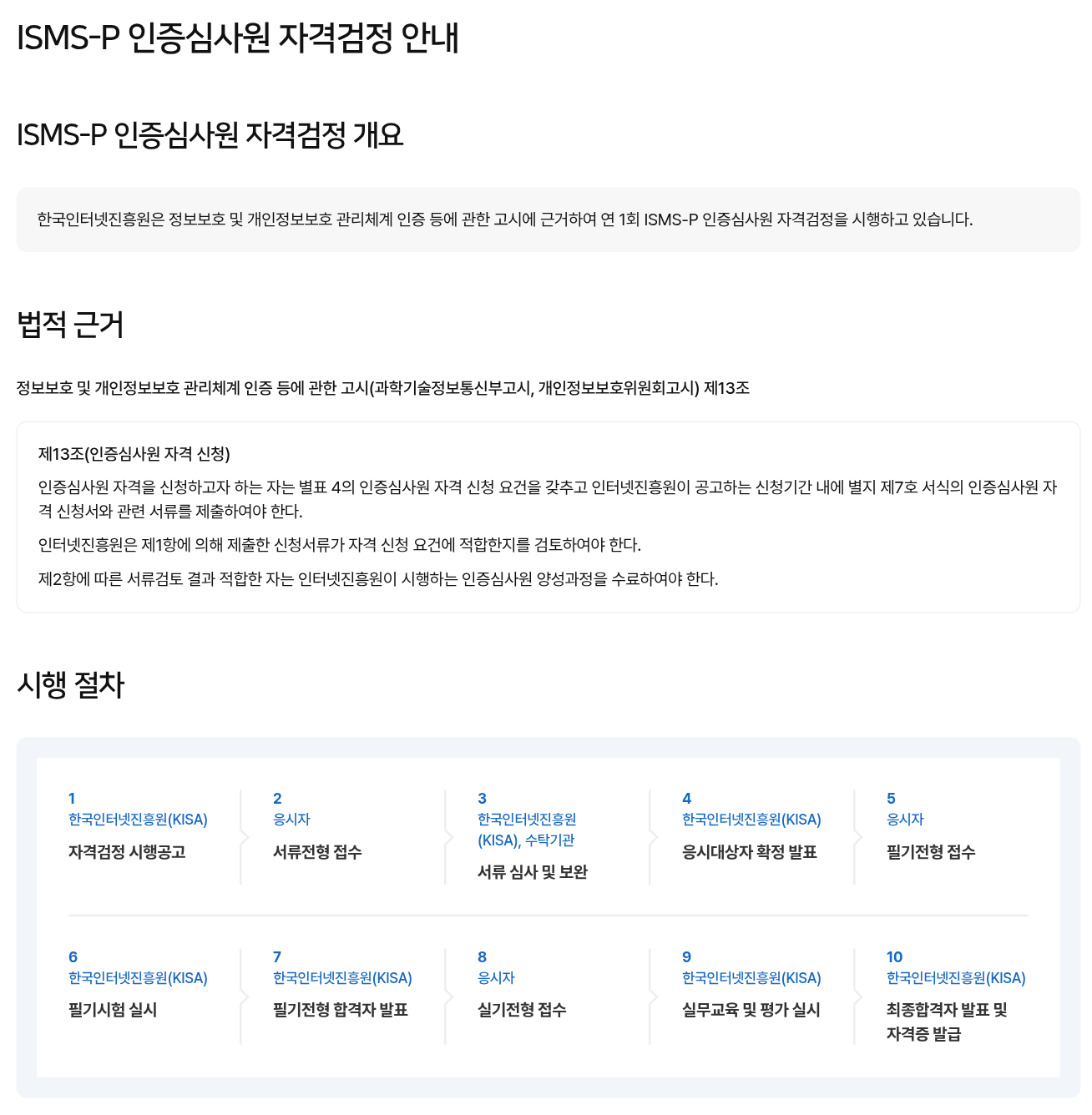 KISA ISMS-P 누리집 인증심사원 자격검정 안내 화면