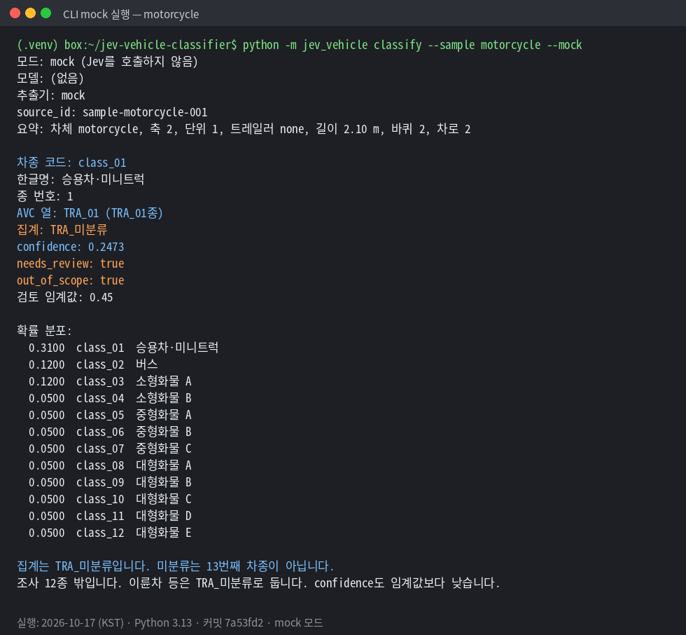motorcycle 샘플 mock 실행 결과 TRA_미분류 needs_review
