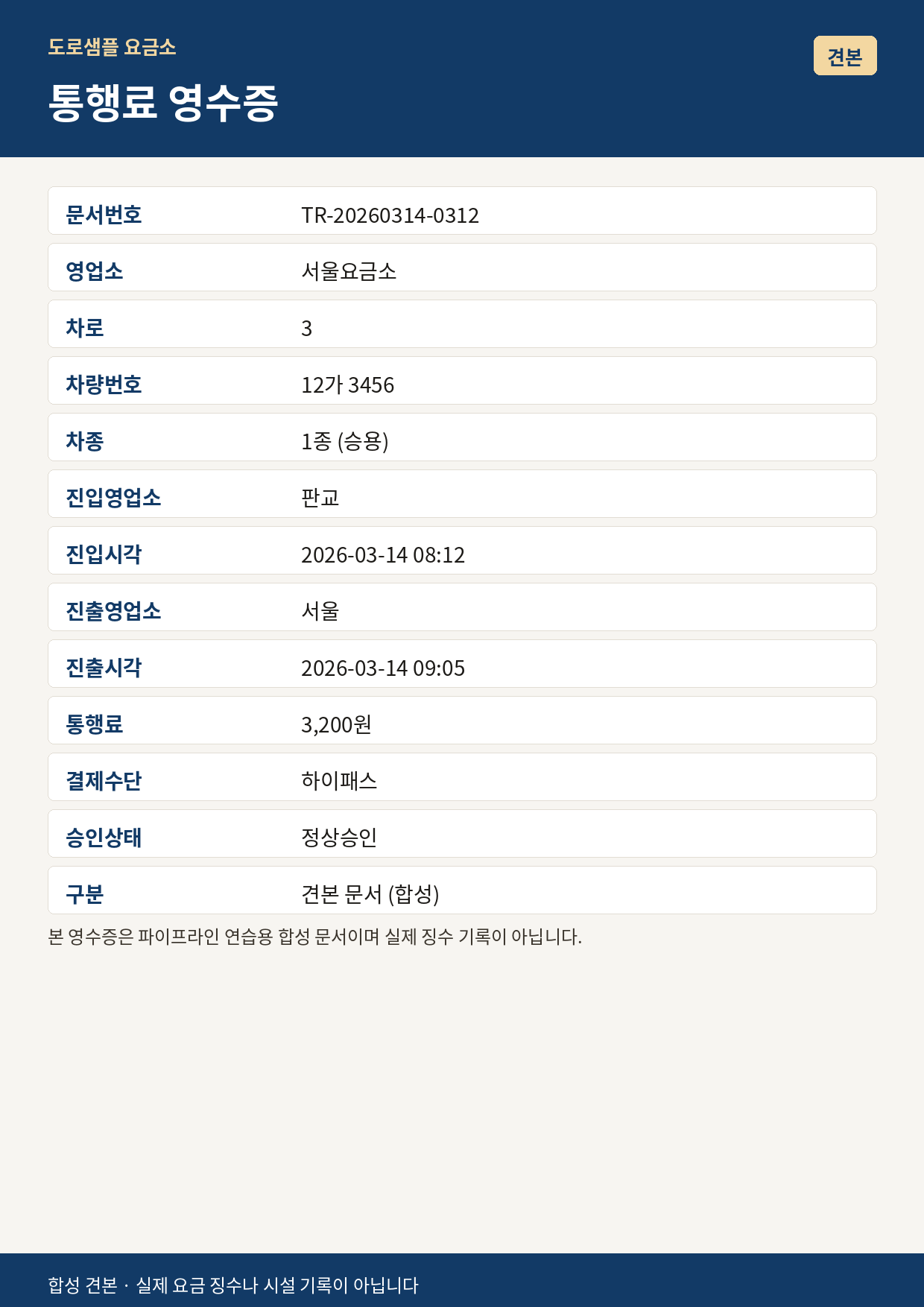 합성 통행료 영수증 샘플