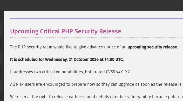 php.net Upcoming Critical PHP Security Release 공지