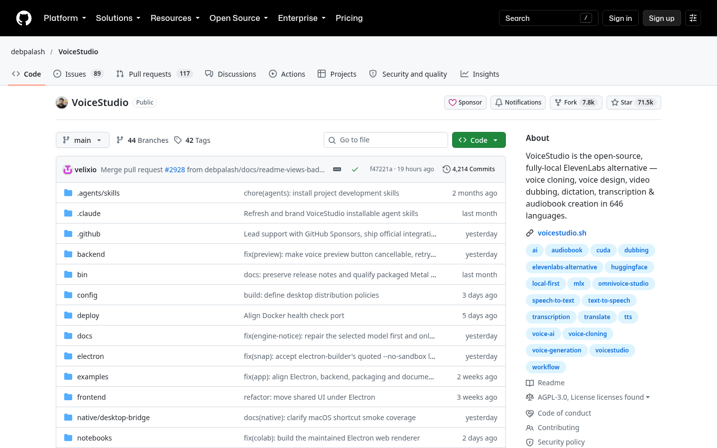 VoiceStudio GitHub 저장소 화면