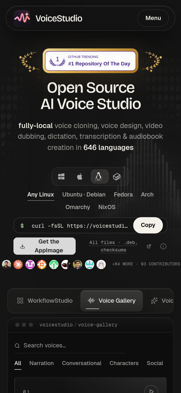 VoiceStudio 공식 사이트 모바일 화면